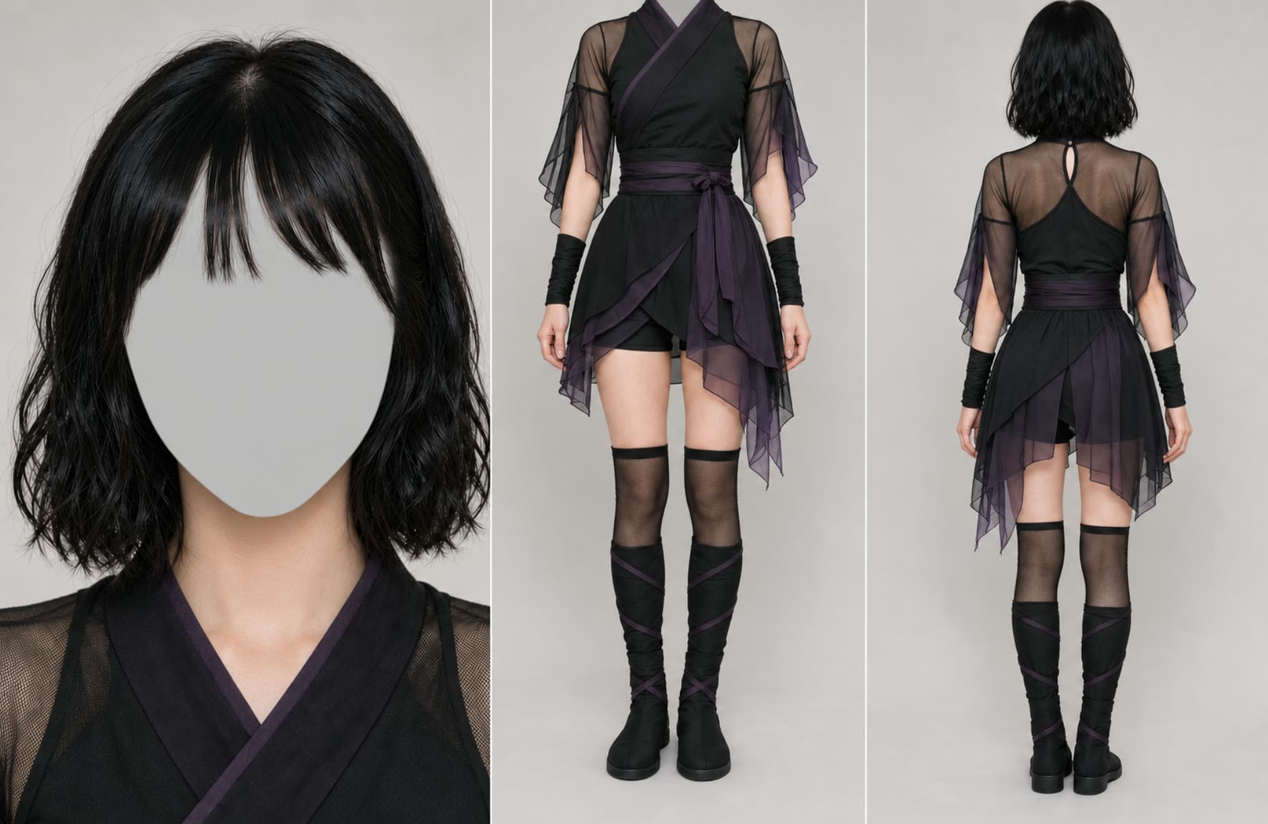 유메 기본무복 캐릭터 시트 얼굴 삭제본 — 얼굴·전면 전신·후면 전신 3패널