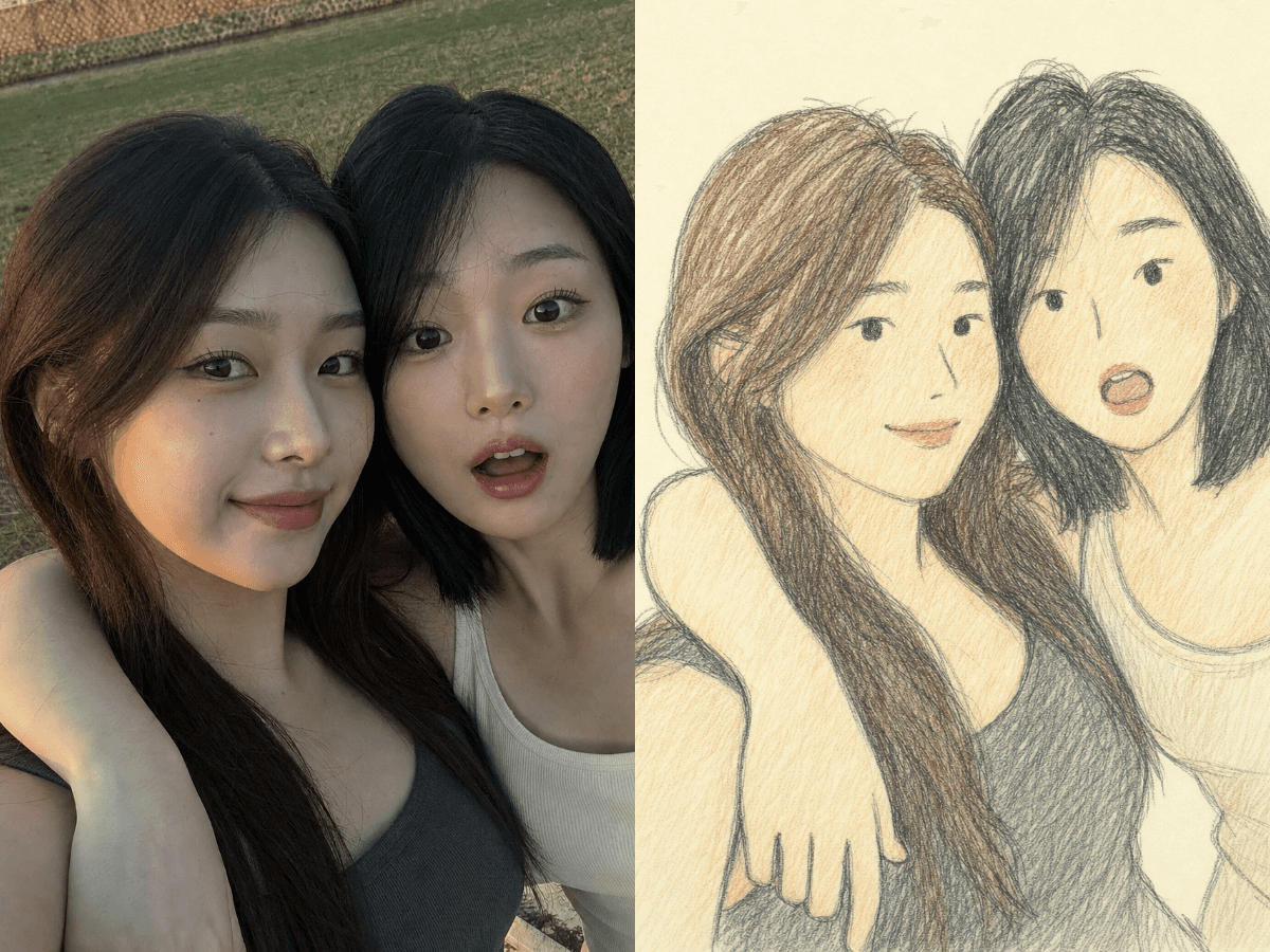 친구와 찍은 사진 낙서 그림 입력 사진과 결과 예시