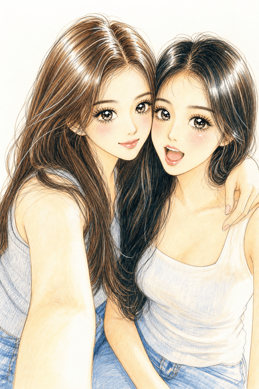 레트로 순정만화 둘이서 셀카 입력 사진과 결과 예시