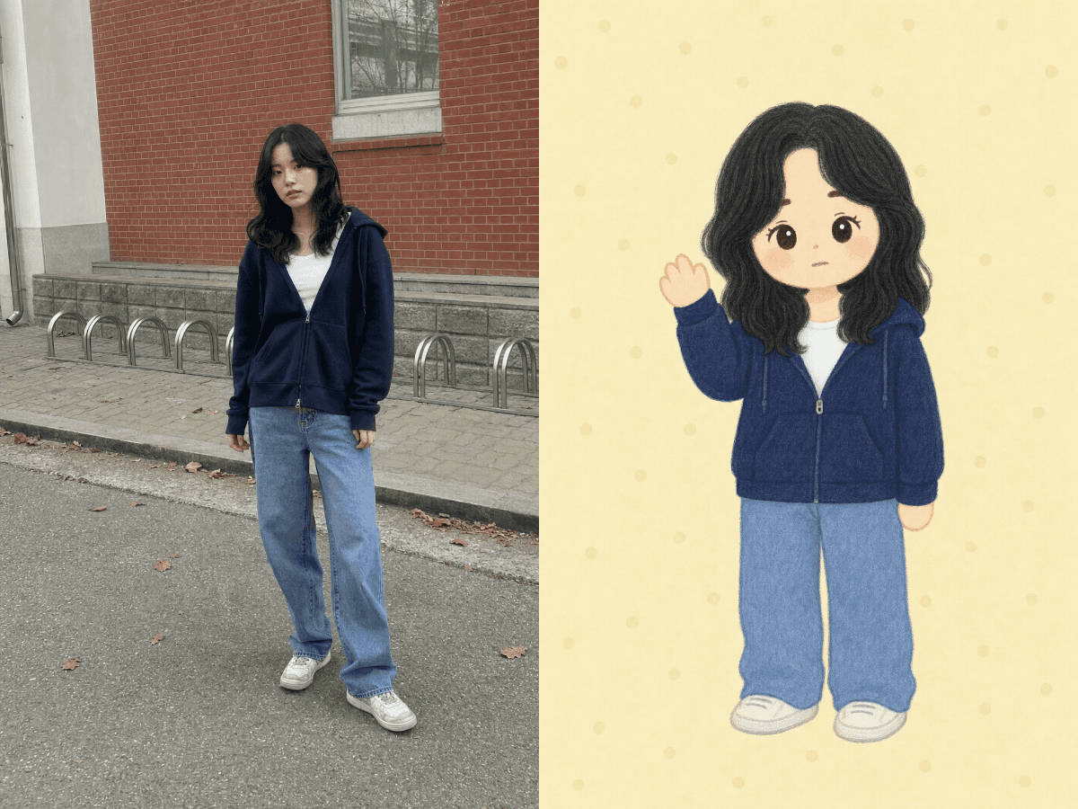 파스텔 캐릭터 전신 입력 사진과 결과 예시