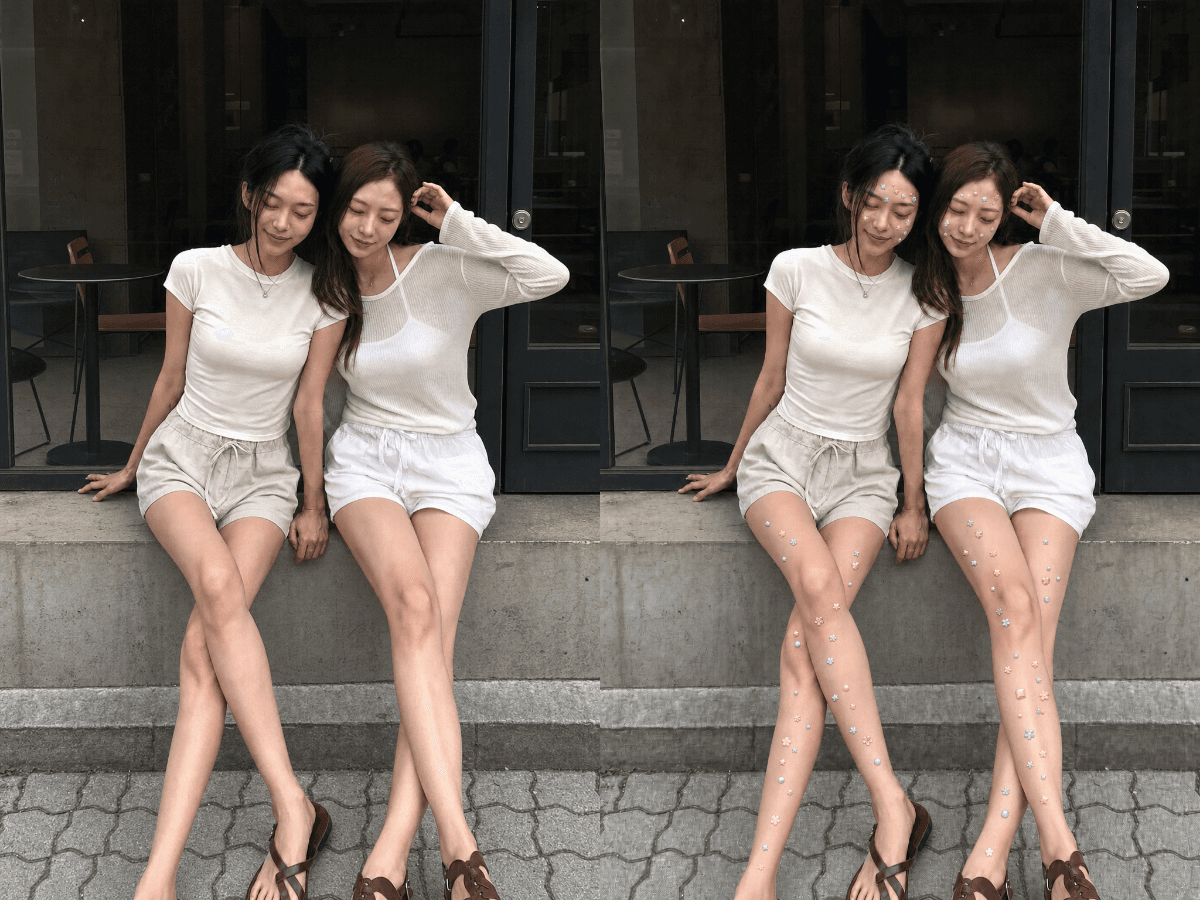 상반신 보석 스티커 입력 사진과 결과 예시