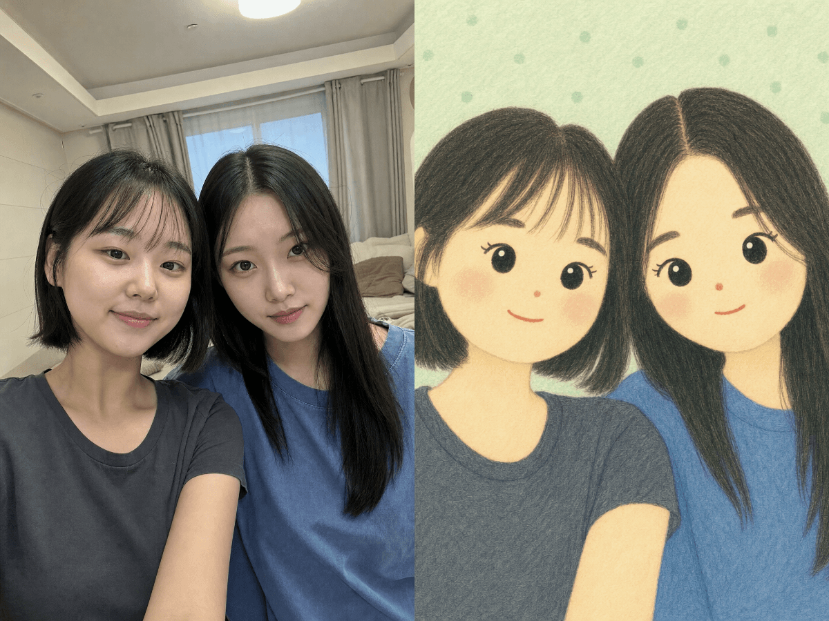 파스텔 캐릭터 단체 입력 사진과 결과 예시