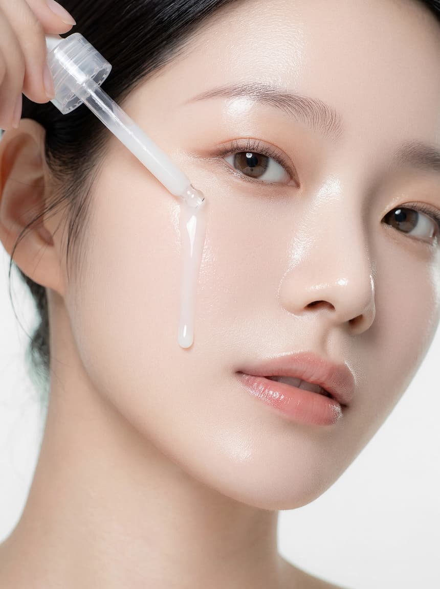 세럼을 바른 AI 뷰티 모델 클로즈업